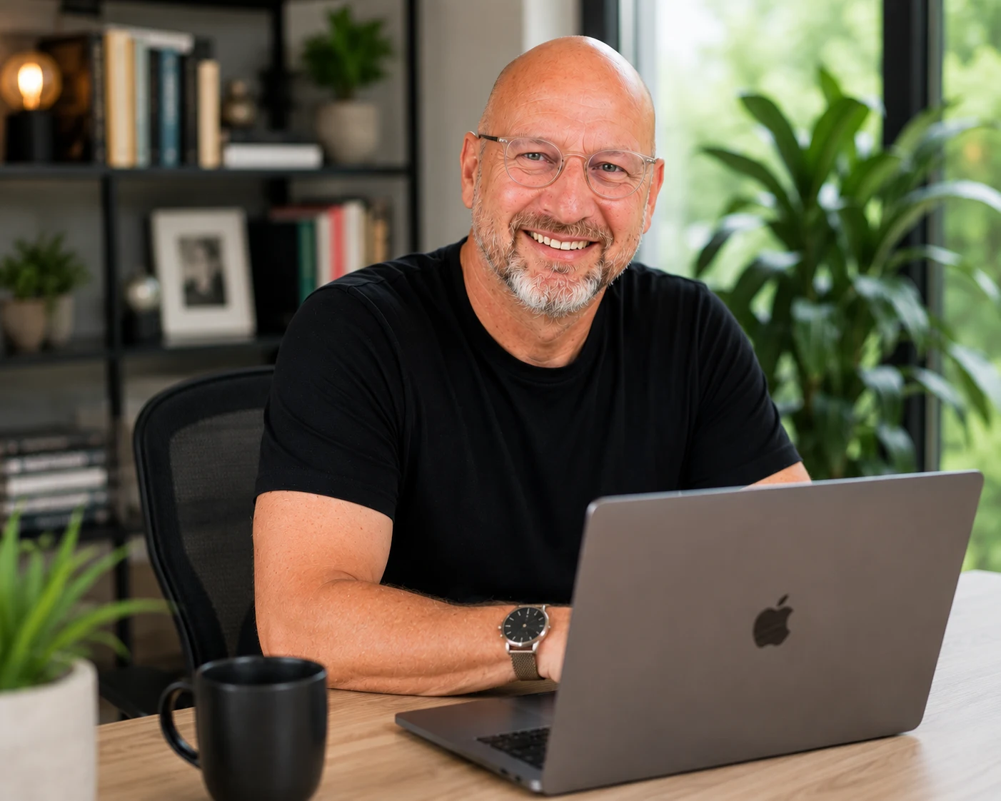 Tom werkt op zijn laptop