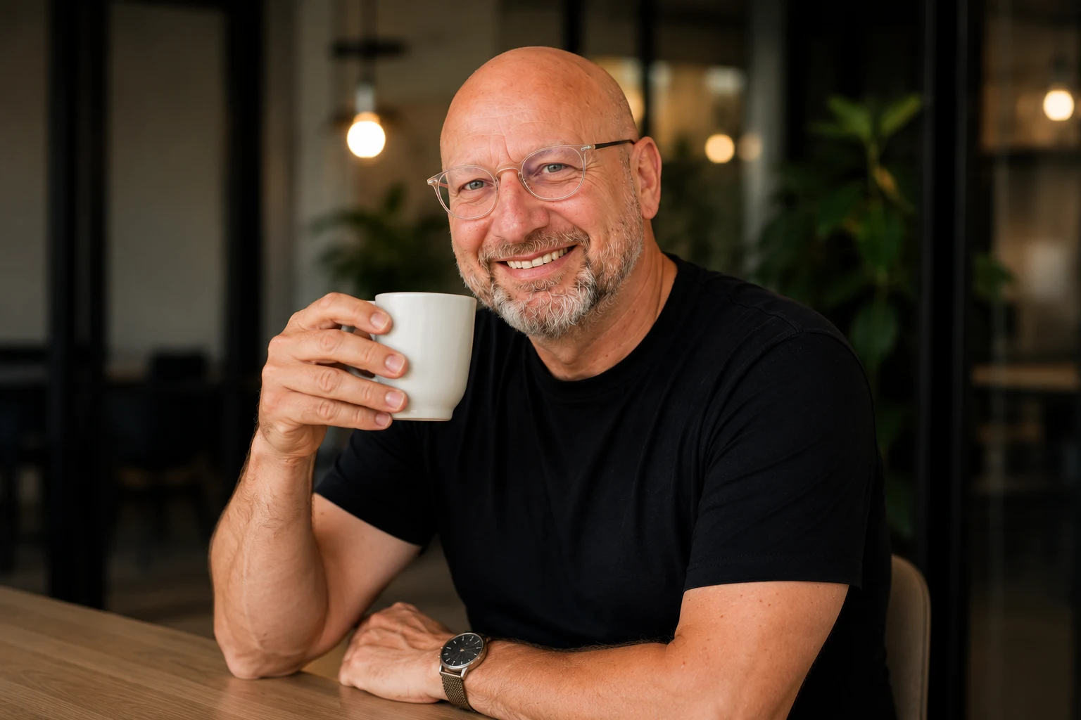 Tom met een kop koffie