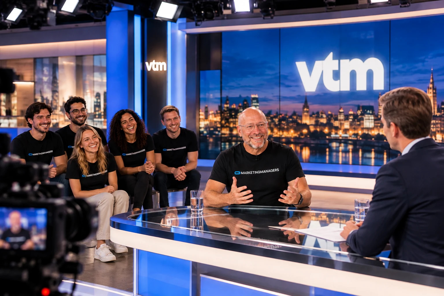 Tom te gast in de tv-studio, het team op de achtergrond