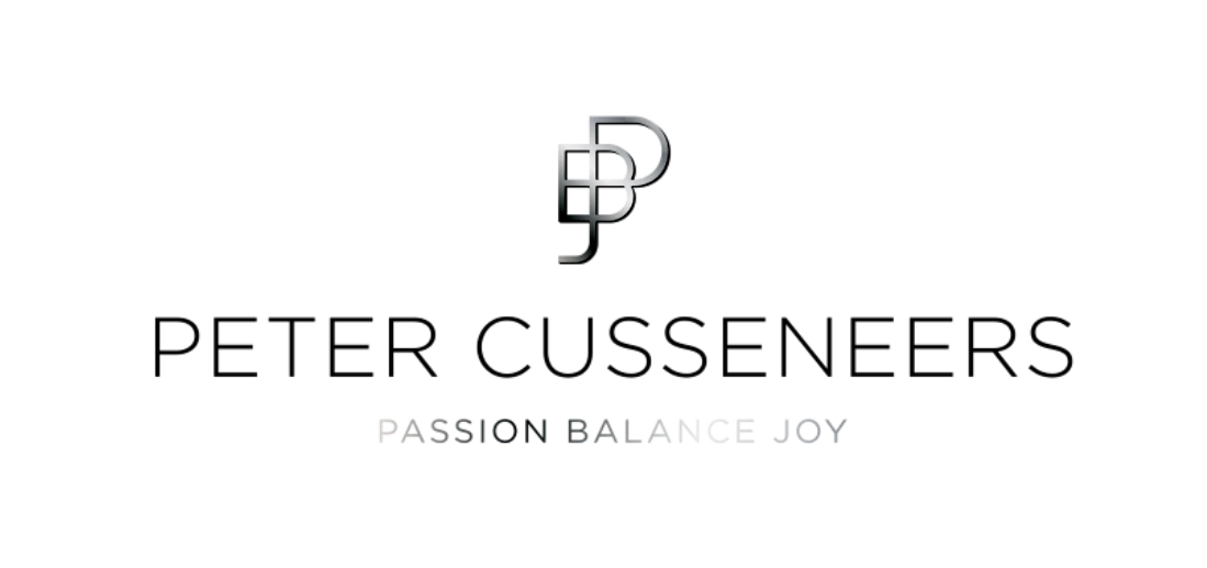 Logo Peter Cusseneers met de woorden Passion Balance Joy op zwart