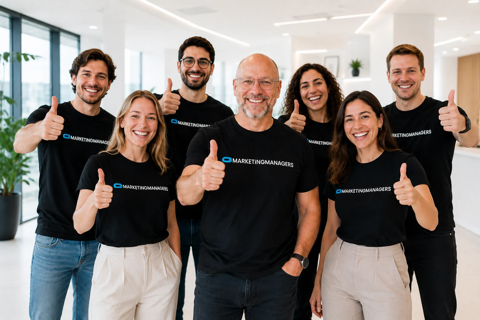 Zeven collega's steken hun duim omhoog