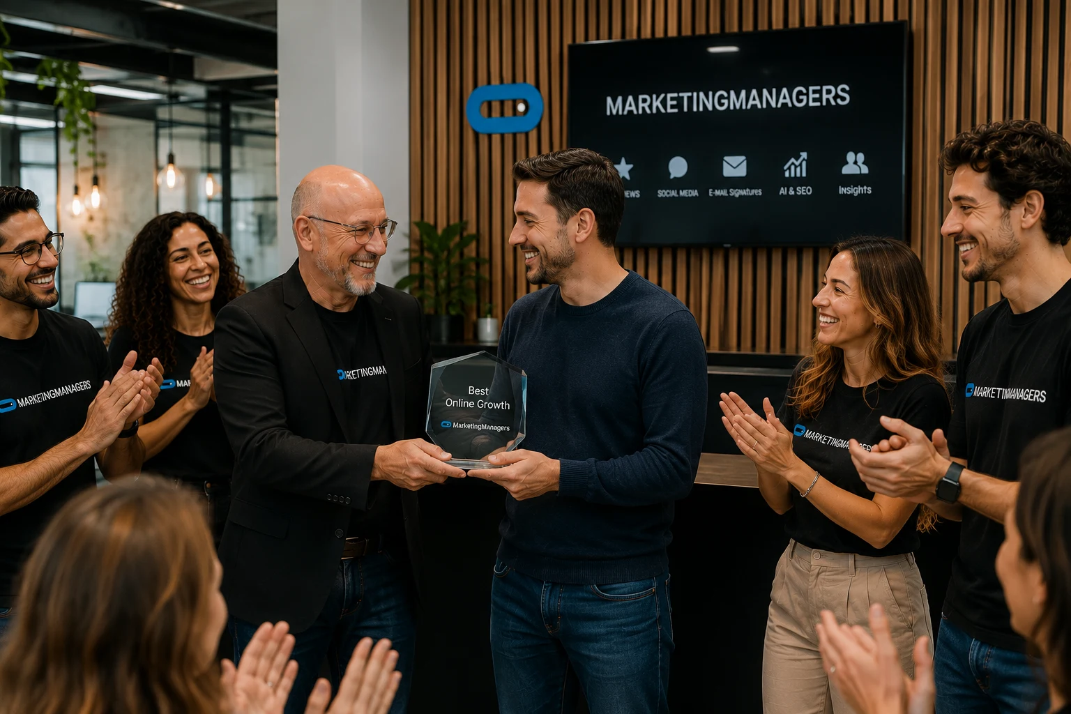 Een glazen trofee wordt overhandigd terwijl het team applaudisseert