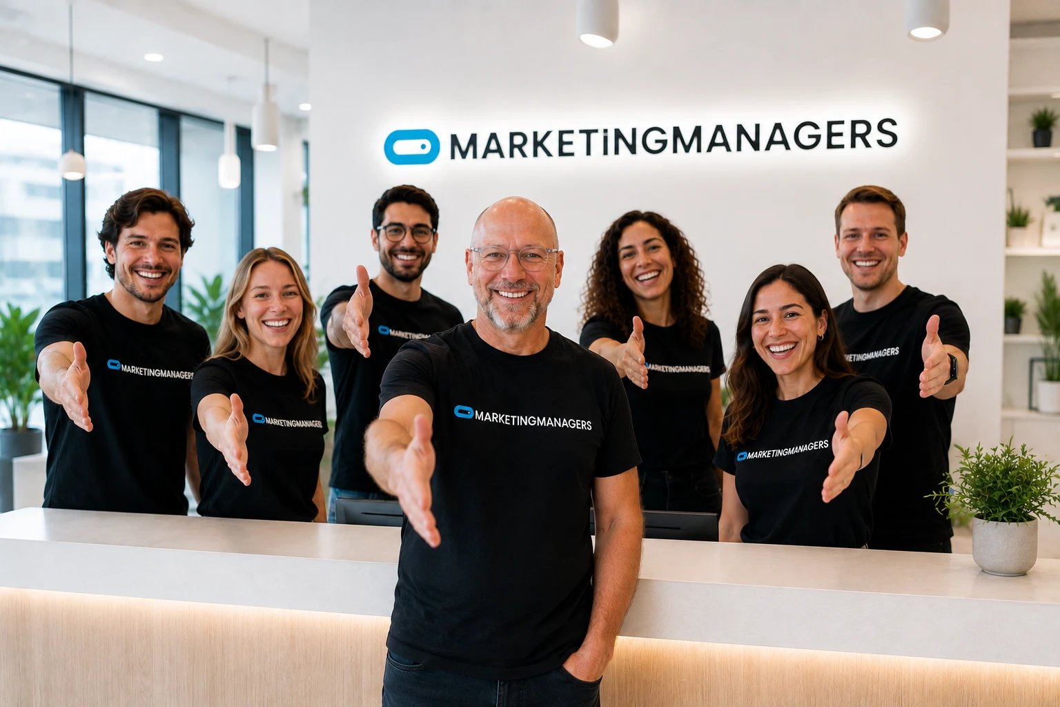 Het team legt de handen samen boven het bureau