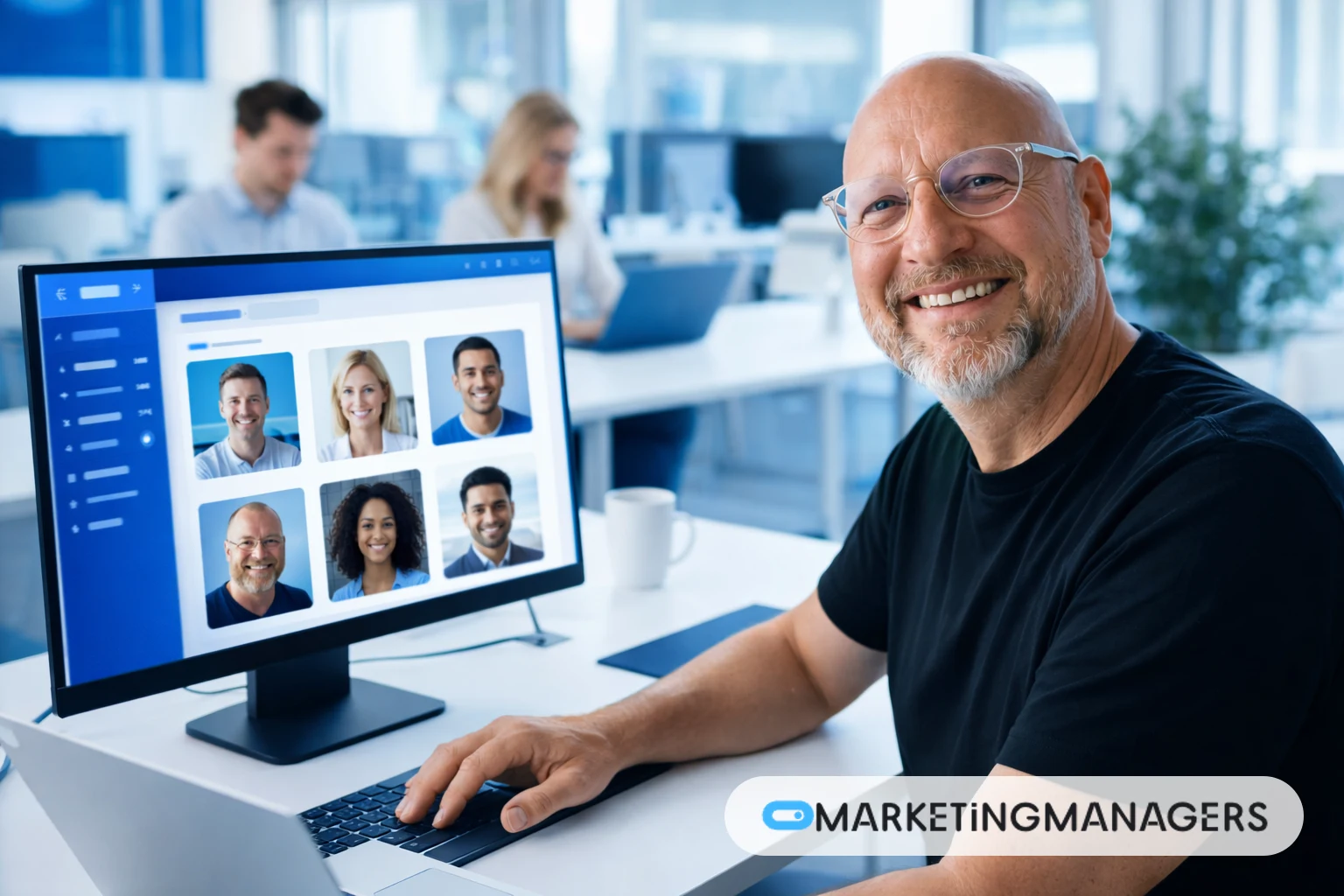 Tom aan een scherm met zes profielfoto's