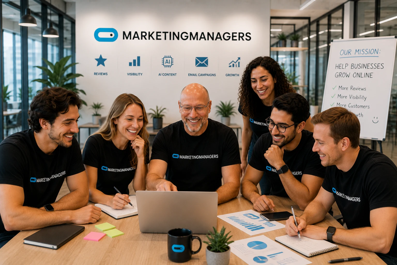 Het team brainstormt rond een laptop