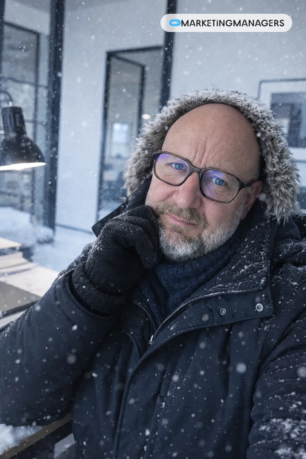 Winter: Tom in een donsjas, sneeuw aan het raam