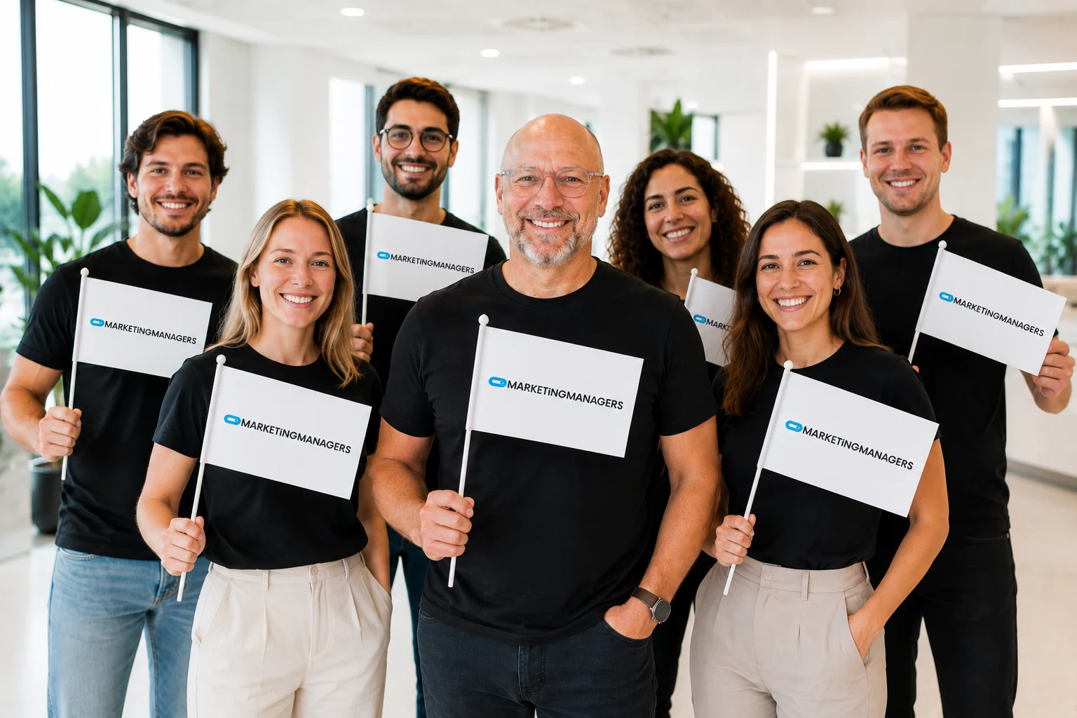 Het team met witte vaantjes van Marketingmanagers