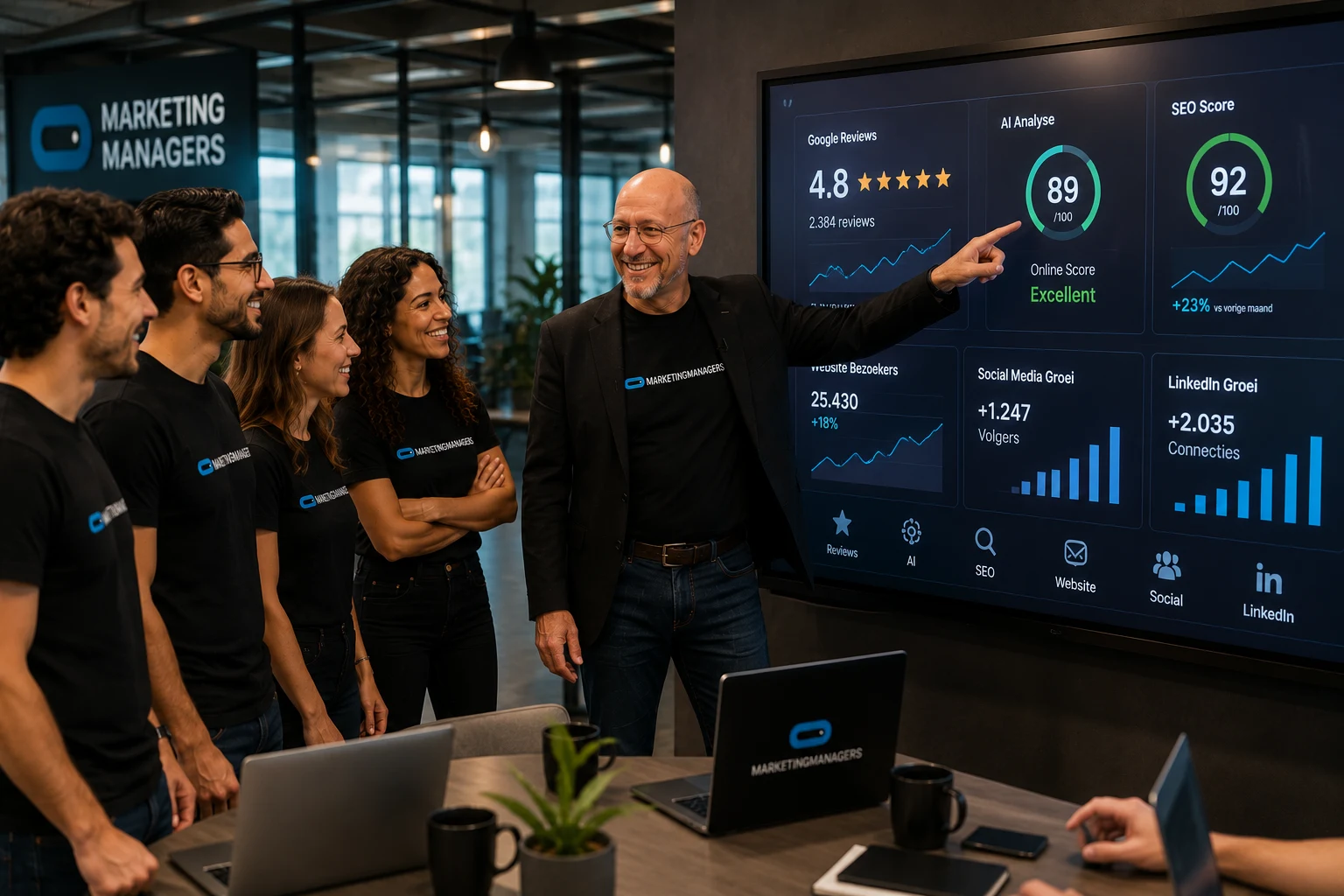 Tom geeft uitleg bij een marketingdashboard
