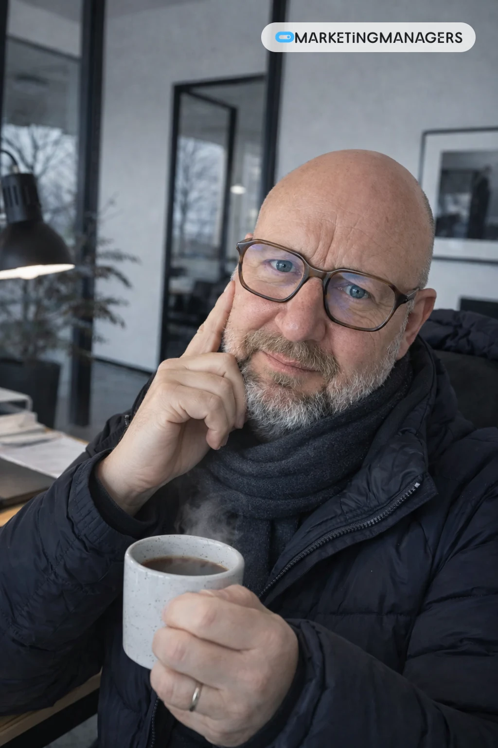 Herfst: Tom met sjaal en een warme drank