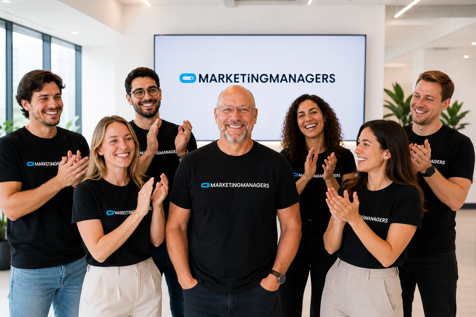 Het team applaudisseert lachend in het kantoor