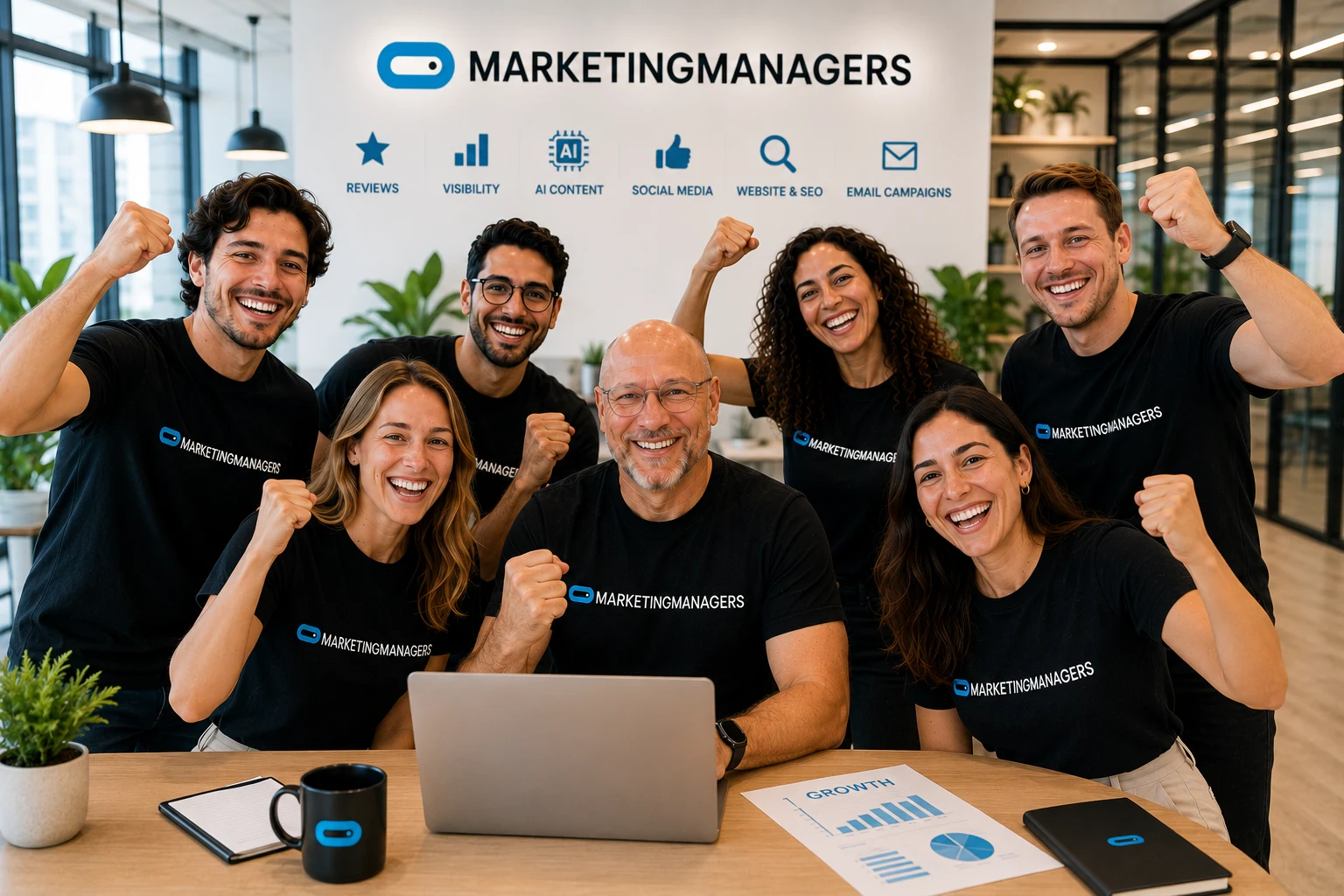 Het team juicht rond een laptop