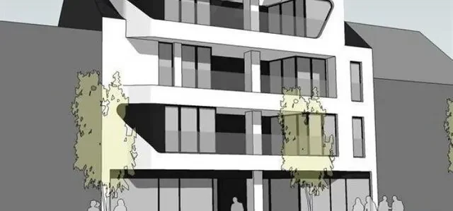 Architectentekening van een modern wit gebouw met balkons en grote raampartijen