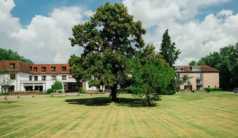 Groot gazon met twee bomen voor de bakstenen gebouwen