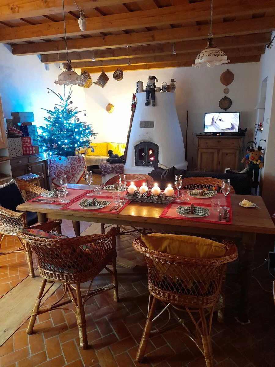 Eetkamer met kachel en lange tafel